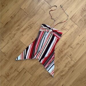 Flowy Striped Convertible Strapless Bohemian Halter Top with Handkerchief Hem